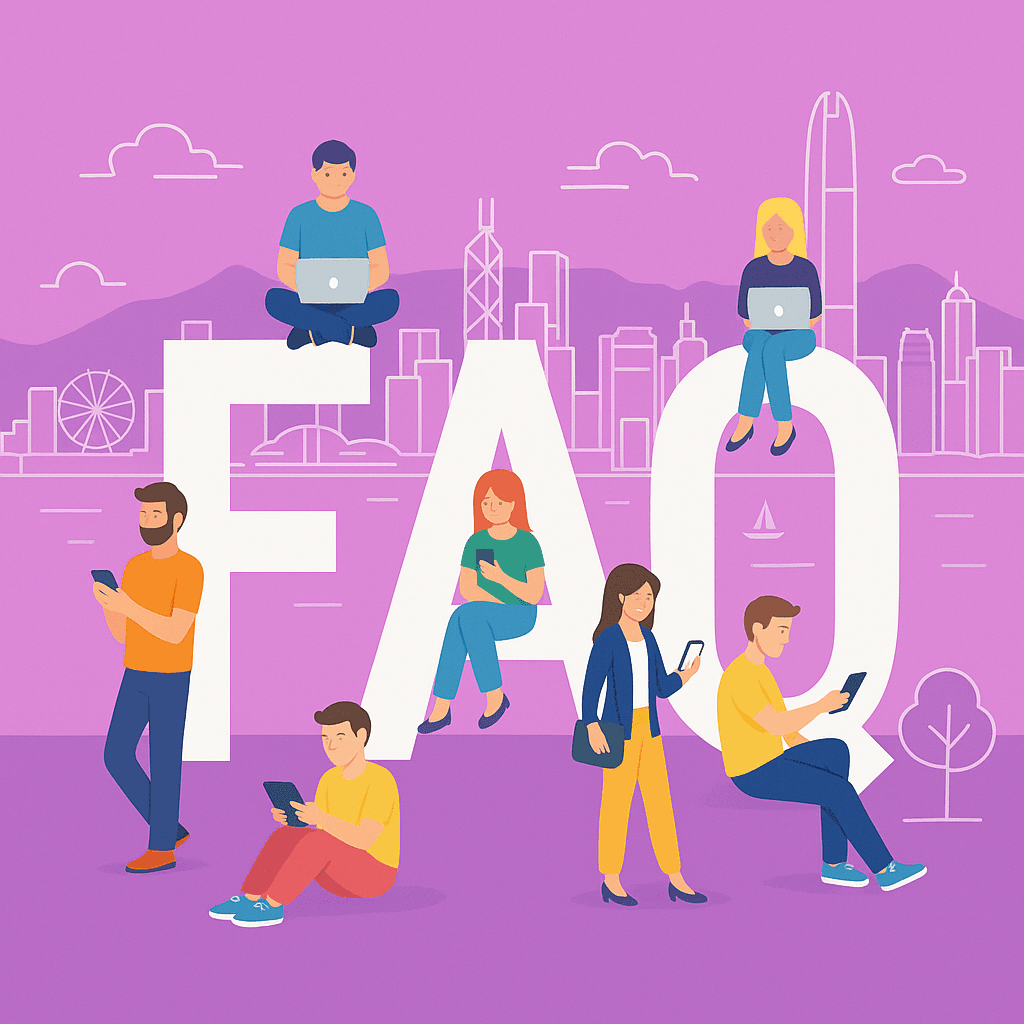People using mobile devices around FAQ letters